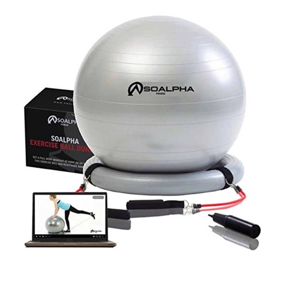 SoAlpha Home Gym: Premium Yoga Ball/ 15lb Resistance Bands, Stability Base, Pump